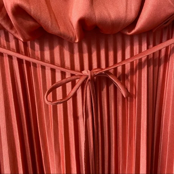 Vintage 70's Pleated Maxi Dress Off the Shoulder Sleeve Crochet Trim Satin - Picture 7 of 16